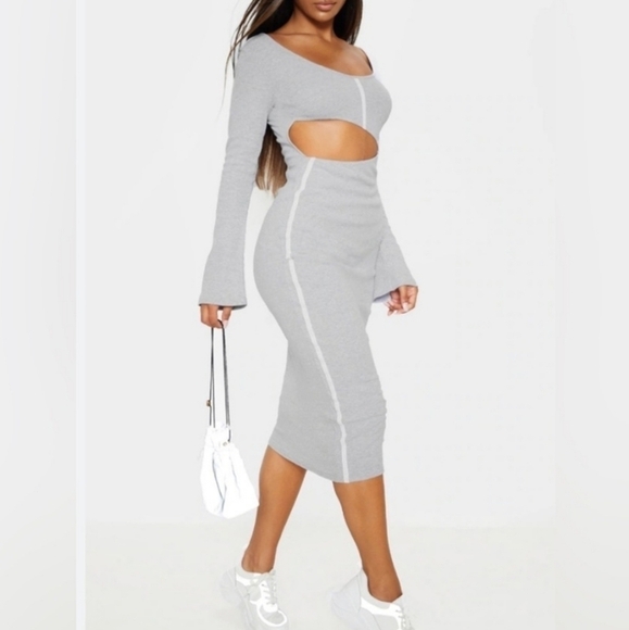 PrettyLittleThing Cut Out Midi Dress Stretch Knit Body Con Size 10 Sporty NWOT - Picture 1 of 8